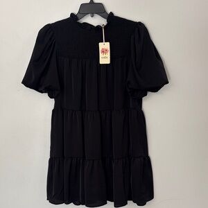 Entro Black Smocked Puff Sleeve Dress